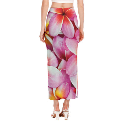 Pink Frangipani Flower Print Side Slit Maxi Skirt