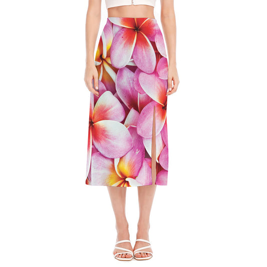 Pink Frangipani Flower Print Side Slit Midi Skirt