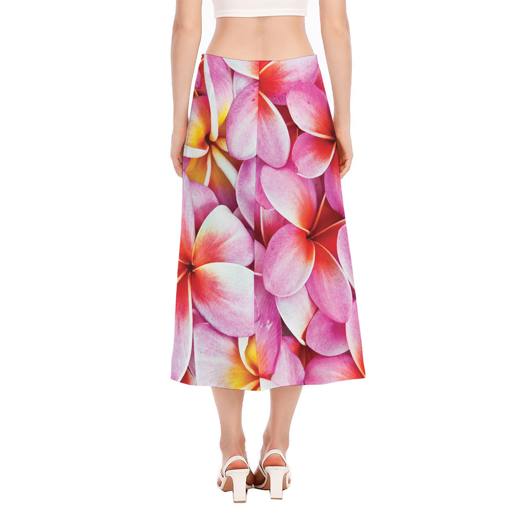 Pink Frangipani Flower Print Side Slit Midi Skirt
