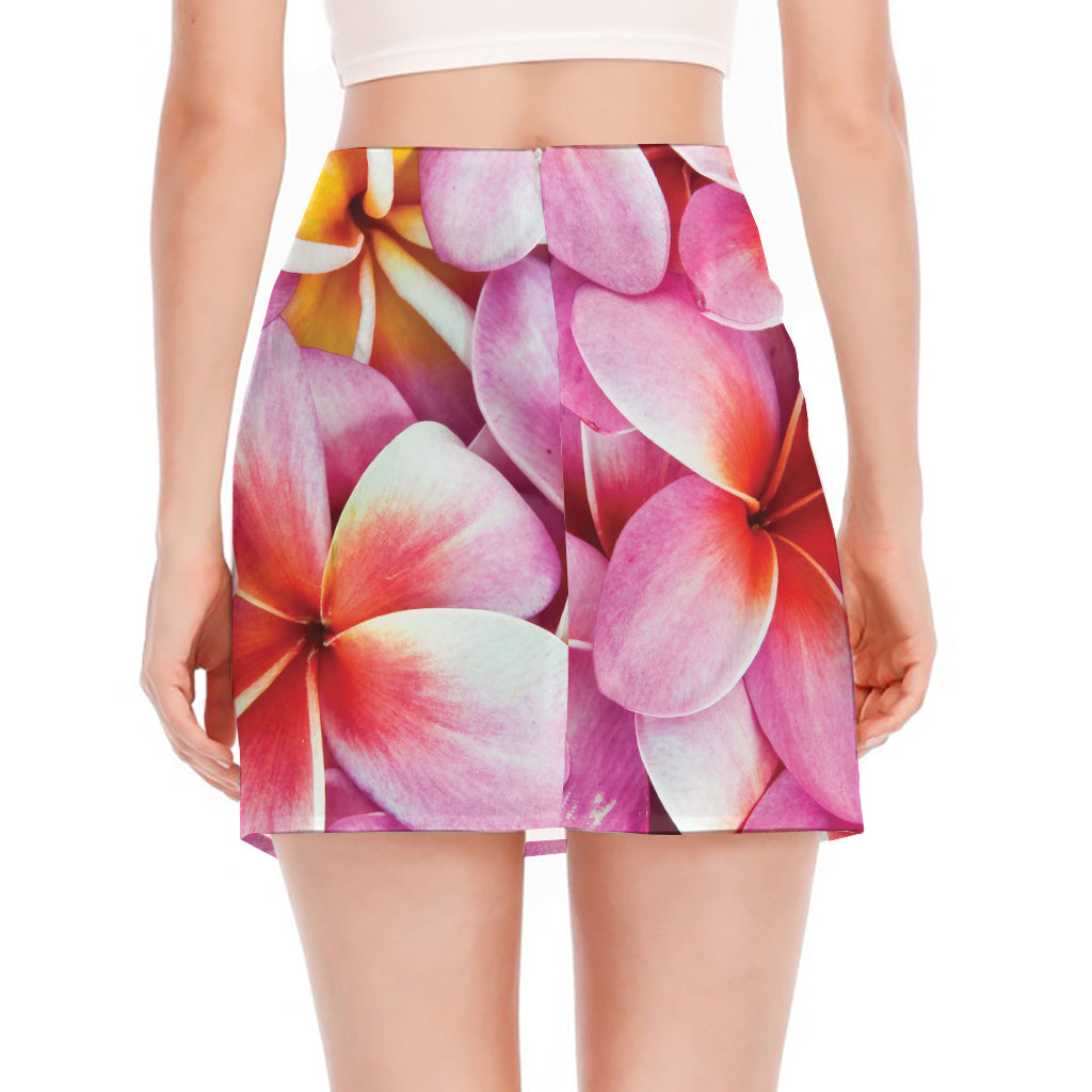 Pink Frangipani Flower Print Side Slit Mini Skirt