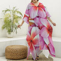 Pink Frangipani Flower Print Silk V-Neck Kaftan Dress