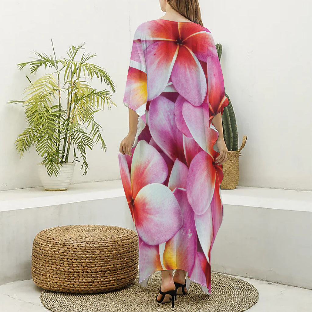 Pink Frangipani Flower Print Silk V-Neck Kaftan Dress