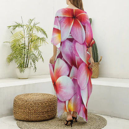 Pink Frangipani Flower Print Silk V-Neck Kaftan Dress