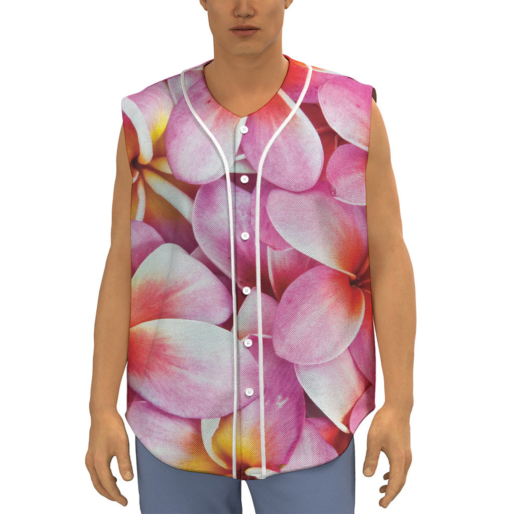 Pink Frangipani Flower Print Sleeveless Baseball Jersey