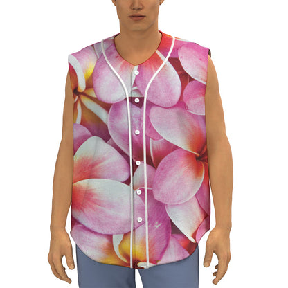 Pink Frangipani Flower Print Sleeveless Baseball Jersey