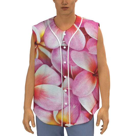 Pink Frangipani Flower Print Sleeveless Baseball Jersey