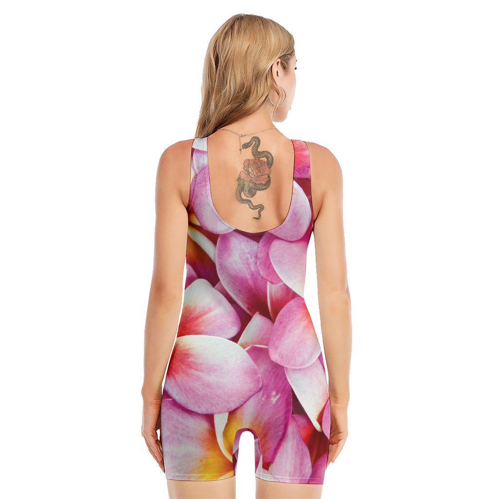 Pink Frangipani Flower Print Sleeveless One Piece Swimsuit