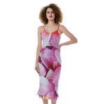 Pink Frangipani Flower Print Slim Fit Midi Cami Dress