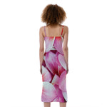 Pink Frangipani Flower Print Slim Fit Midi Cami Dress