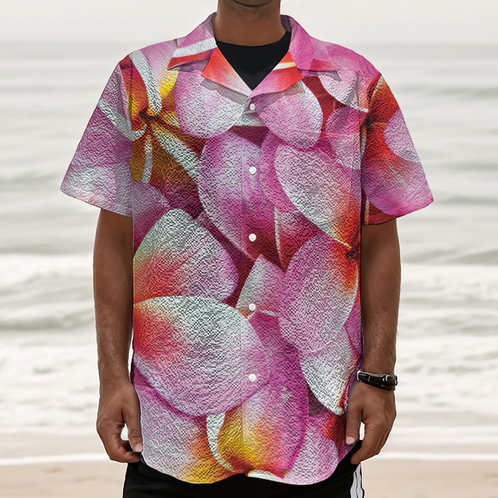 Pink Frangipani Flower Print Textured Short Sleeve Shirt