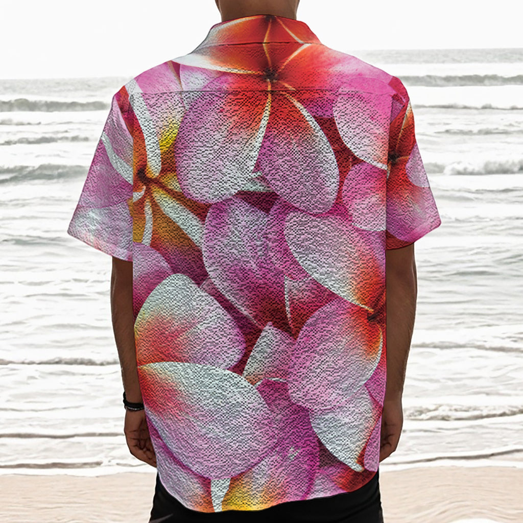 Pink Frangipani Flower Print Textured Short Sleeve Shirt