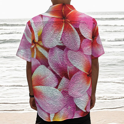 Pink Frangipani Flower Print Textured Short Sleeve Shirt