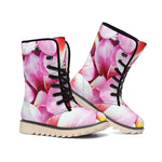 Pink Frangipani Flower Print Winter Boots