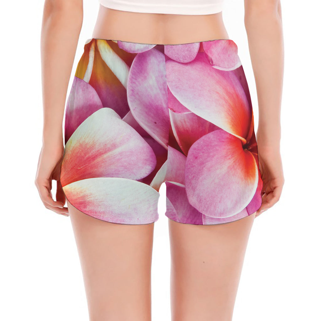 Pink Frangipani Flower Print Women's Split Running Shorts