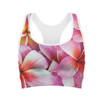 Pink Frangipani Flower Print Women's Sports Bra