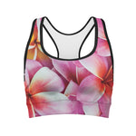 Pink Frangipani Flower Print Women's Sports Bra