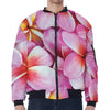 Pink Frangipani Flower Print Zip Sleeve Bomber Jacket