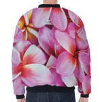 Pink Frangipani Flower Print Zip Sleeve Bomber Jacket