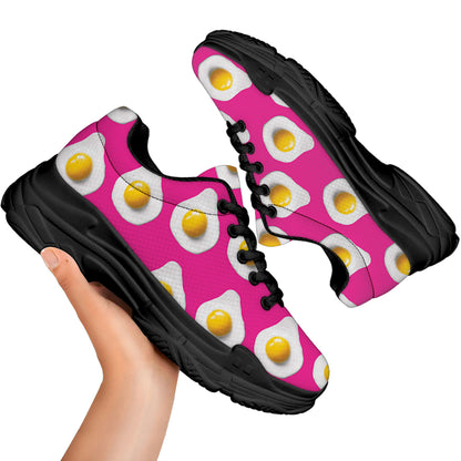 Pink Fried Eggs Pattern Print Black Chunky Shoes