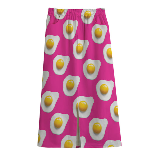 Pink Fried Eggs Pattern Print Cotton Front Slit Maxi Skirt