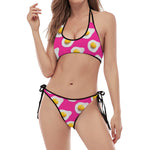 Pink Fried Eggs Pattern Print Halter Scoop Tie Side Bikini