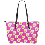 Pink Fried Eggs Pattern Print Leather Tote Bag