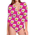 Pink Fried Eggs Pattern Print Long Sleeve Swimsuit