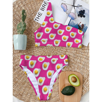 Pink Fried Eggs Pattern Print One Shoulder Bikini Top