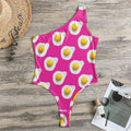 Pink Fried Eggs Pattern Print One Shoulder Bodysuit