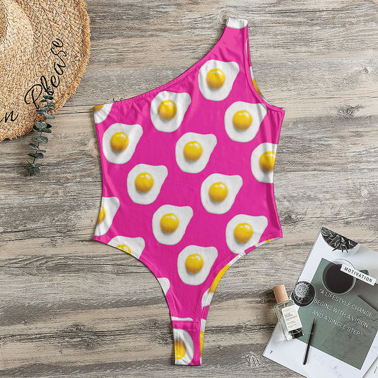 Pink Fried Eggs Pattern Print One Shoulder Bodysuit