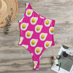 Pink Fried Eggs Pattern Print One Shoulder Bodysuit