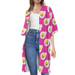 Pink Fried Eggs Pattern Print Open Front Beach Cover Up