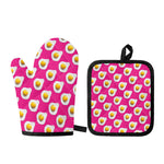 Pink Fried Eggs Pattern Print Oven Mitt And Pot Holder Set