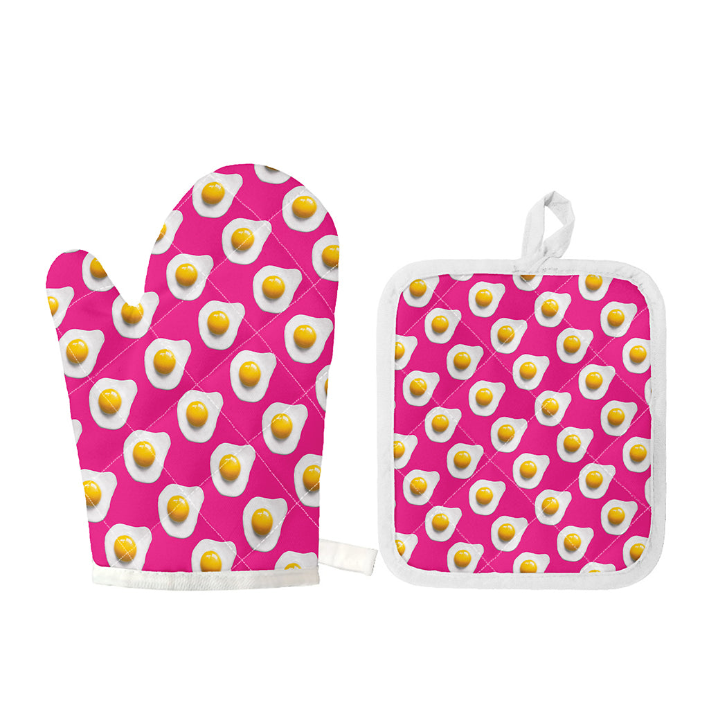 Pink Fried Eggs Pattern Print Oven Mitt And Pot Holder Set