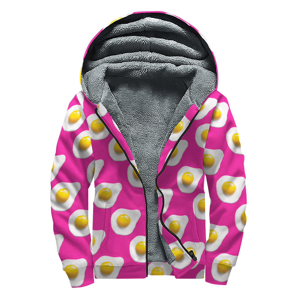 Pink Fried Eggs Pattern Print Sherpa Lined Zip Up Hoodie