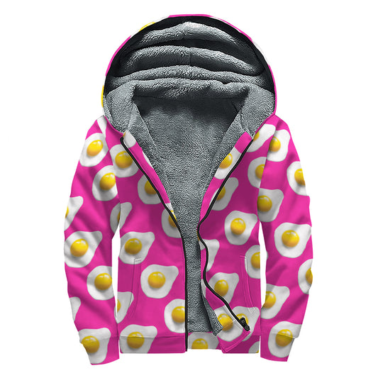Pink Fried Eggs Pattern Print Sherpa Lined Zip Up Hoodie