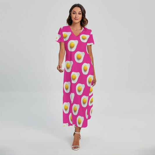 Pink Fried Eggs Pattern Print Short Sleeve Maxi Dress