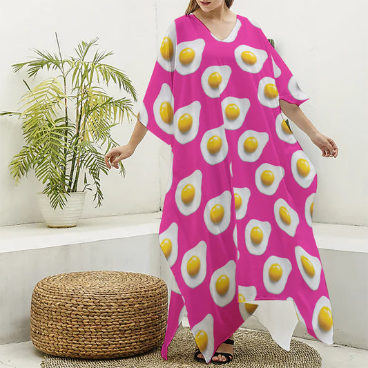 Pink Fried Eggs Pattern Print Silk V-Neck Kaftan Dress