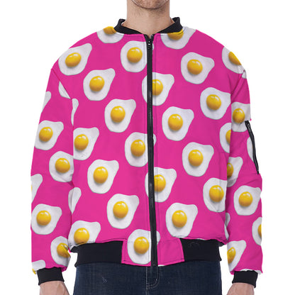 Pink Fried Eggs Pattern Print Zip Sleeve Bomber Jacket