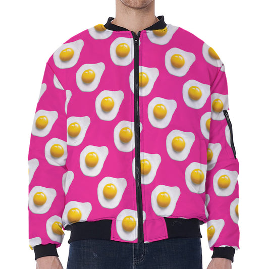 Pink Fried Eggs Pattern Print Zip Sleeve Bomber Jacket