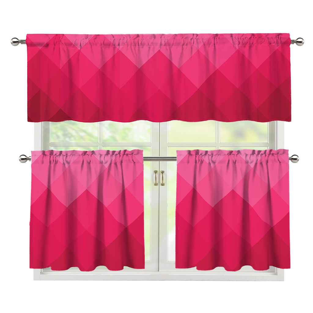 Pink Geometric Square Pattern Print 3 Piece Kitchen Curtains