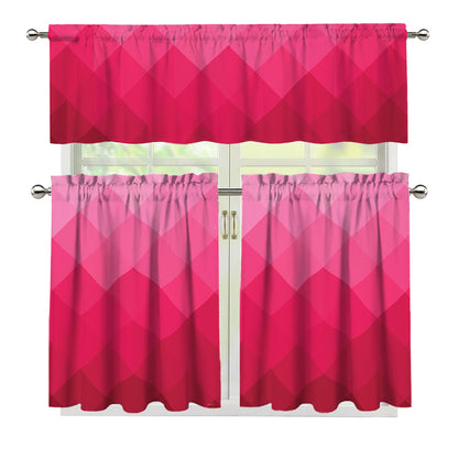 Pink Geometric Square Pattern Print 3 Piece Kitchen Curtains