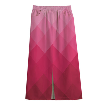 Pink Geometric Square Pattern Print Cotton Front Slit Maxi Skirt