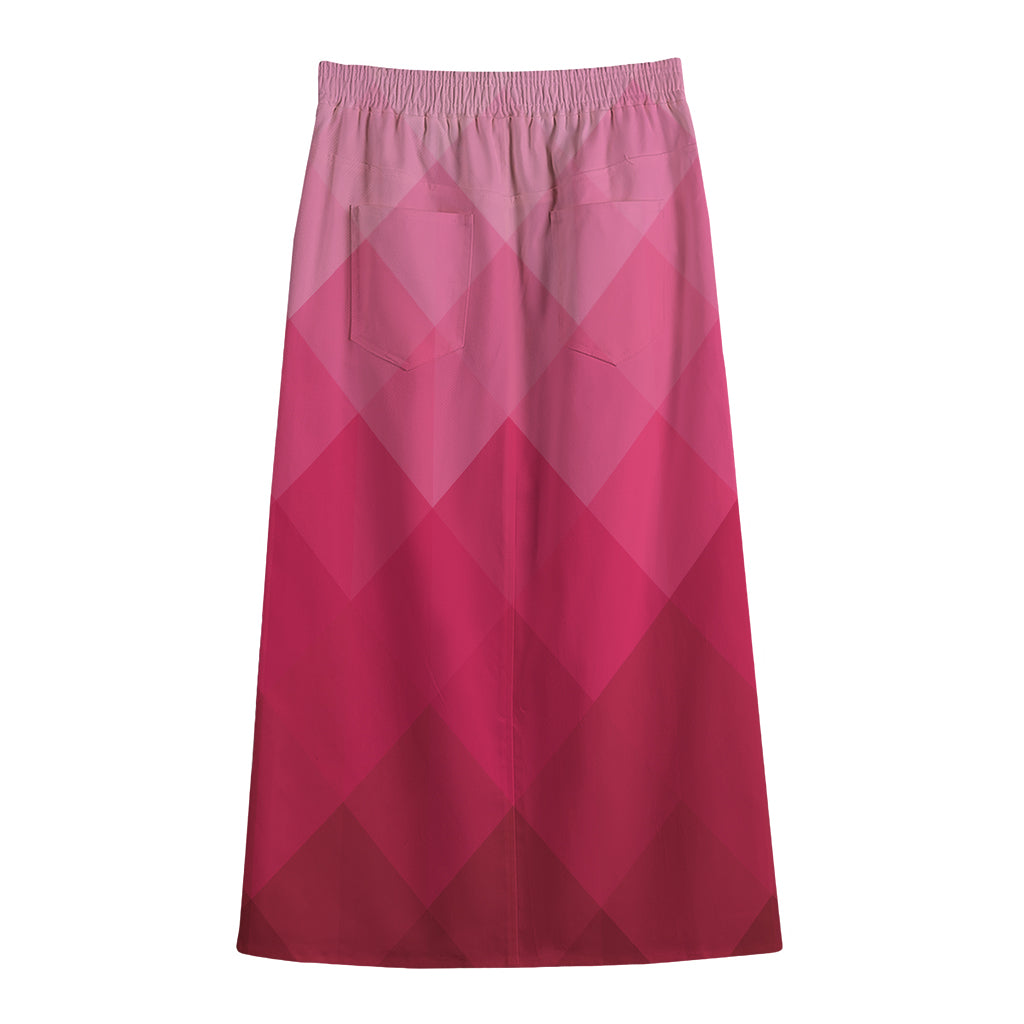 Pink Geometric Square Pattern Print Cotton Front Slit Maxi Skirt