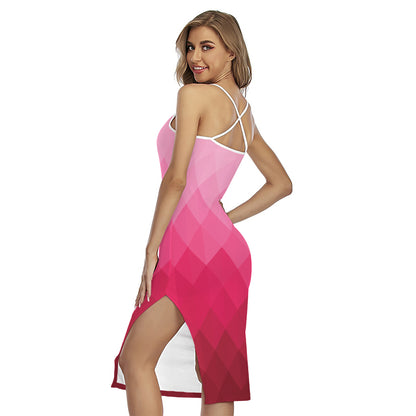 Pink Geometric Square Pattern Print Cross Back Cami Dress