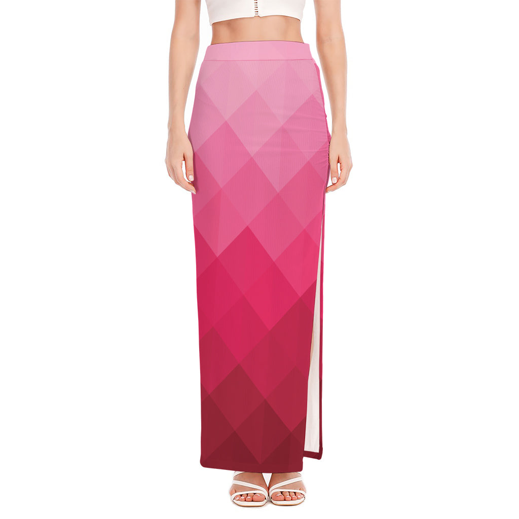 Pink Geometric Square Pattern Print High Slit Maxi Skirt