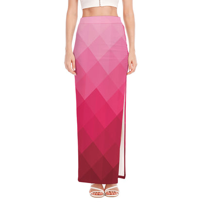 Pink Geometric Square Pattern Print High Slit Maxi Skirt