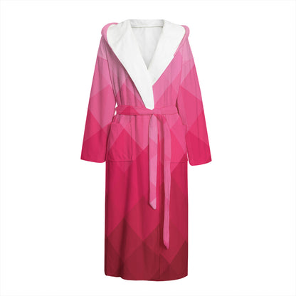 Pink Geometric Square Pattern Print Hooded Bathrobe