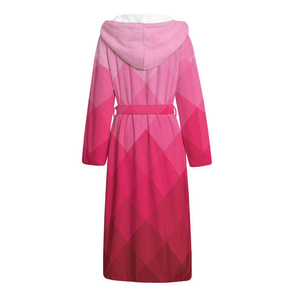 Pink Geometric Square Pattern Print Hooded Bathrobe