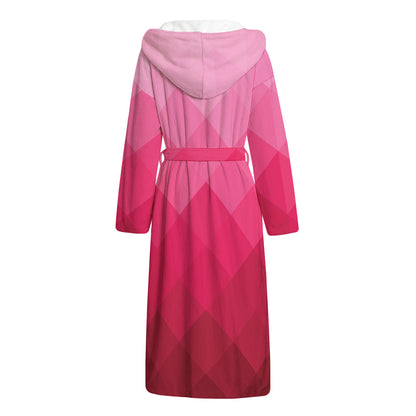 Pink Geometric Square Pattern Print Hooded Bathrobe
